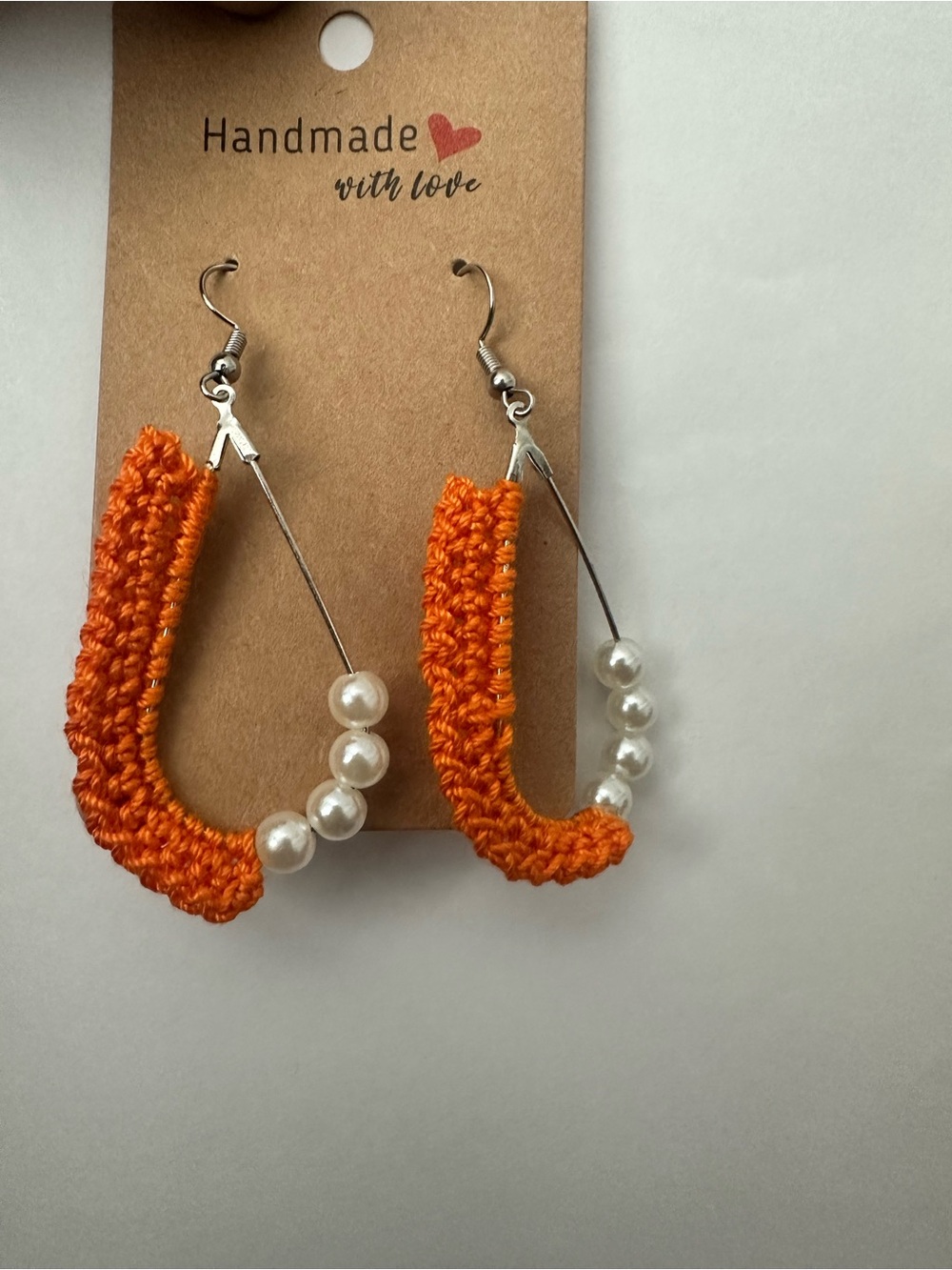 Handmade Orange Crochet Hoop Earrings with Pearl Accents